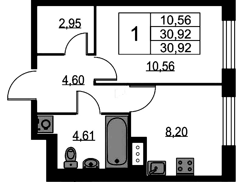 1-комнатная квартира 30.92 м², 4/9 эт., ЖК «Квартал Лаголово»